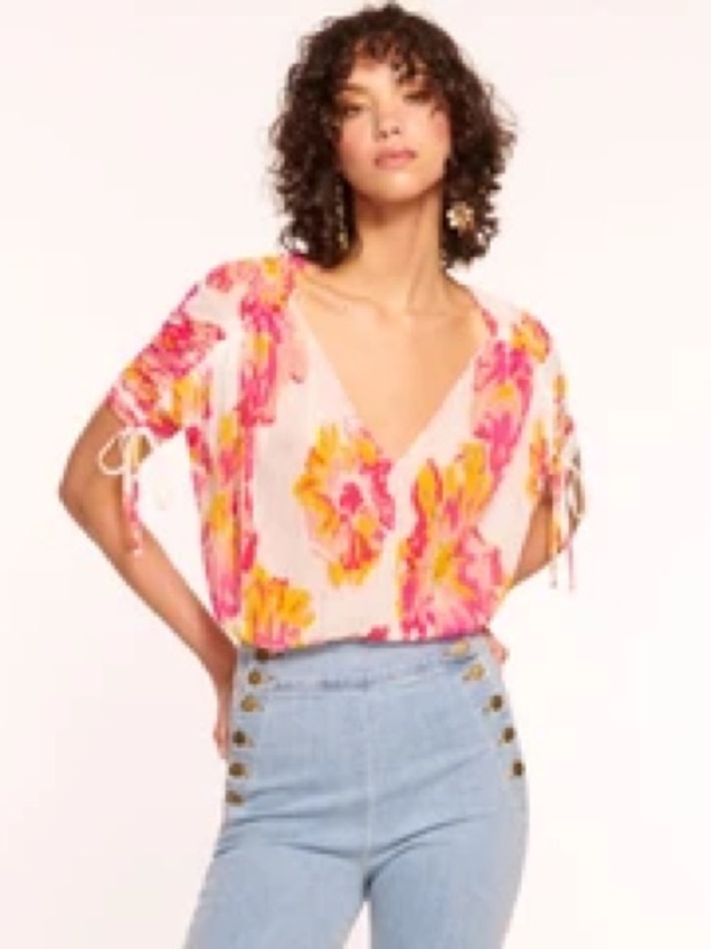 Ramy Brook Pink Floral V-Neck Tie Sleeve Blouse